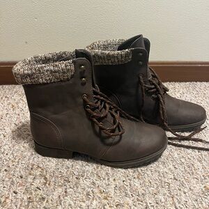 Brown Combat Boots with Knit Cuff